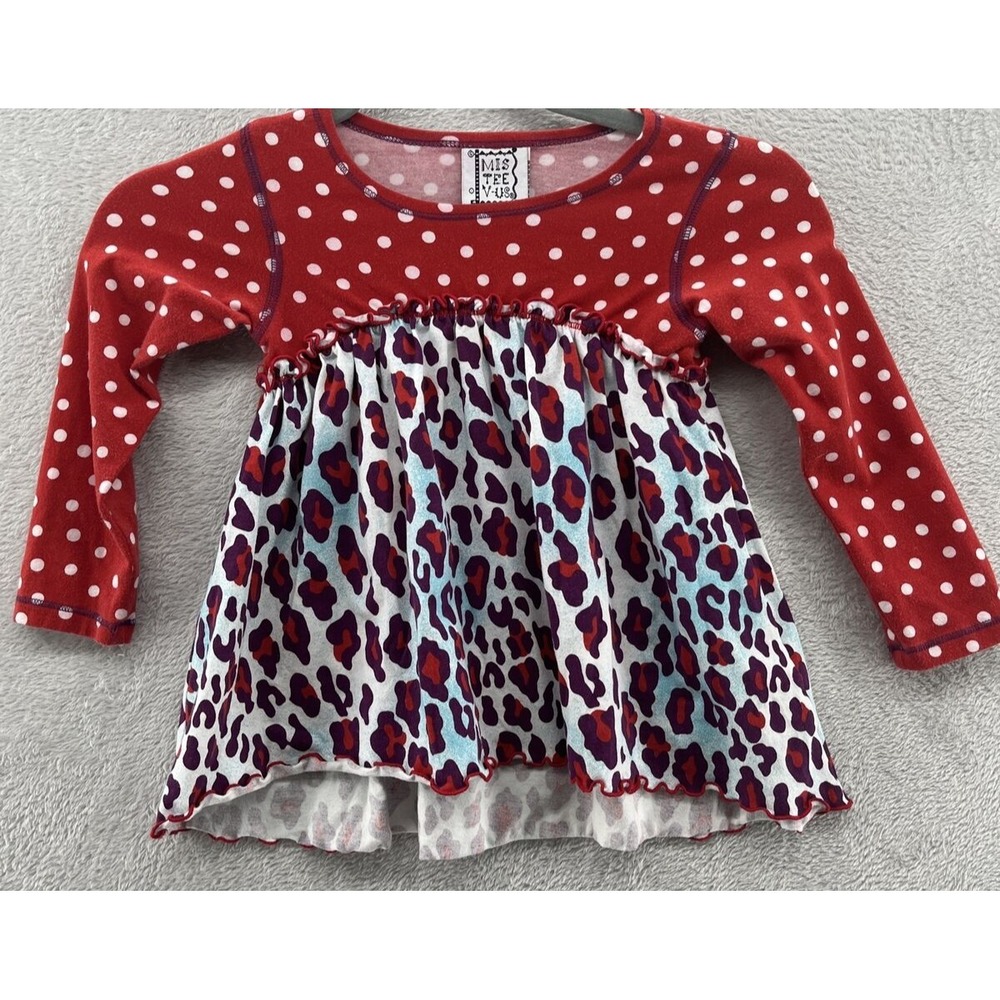 Miss Tee V-Us Shirt Girls Sz 4/5 Red Polka Dot Leopard Print Long Sleeve